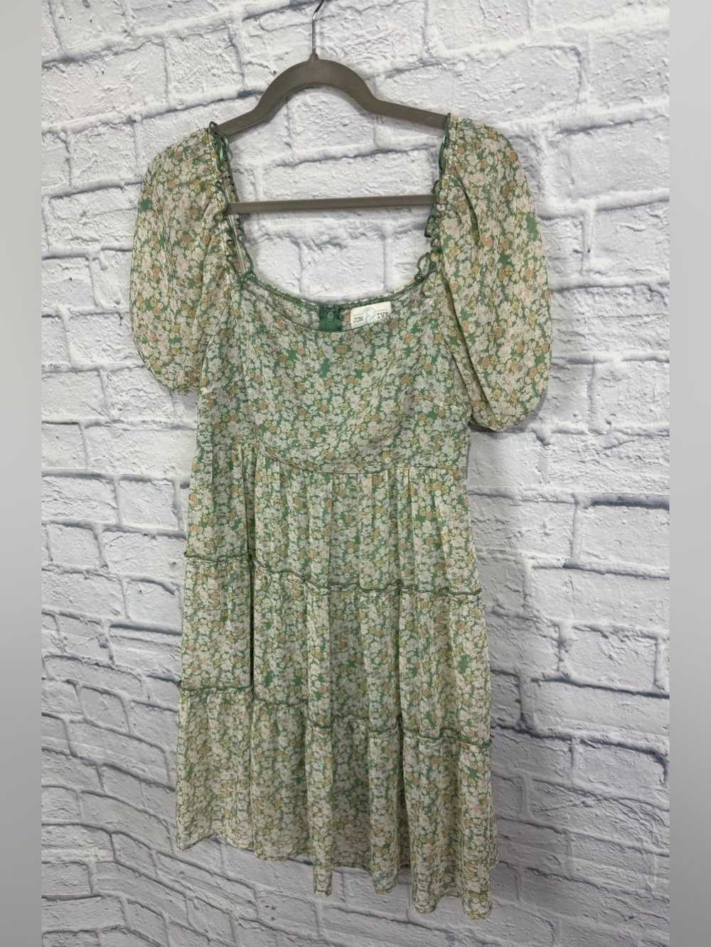 Floral Tiered Semi-Sheer Babydoll Dress - Green Floral, Size Medium - Picture 4 of 10